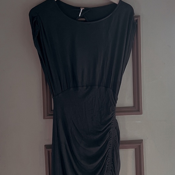 Draped & Cinched Cascading High-Leg Slit Long Black Dress w/ a High Neck - Picture 1 of 5